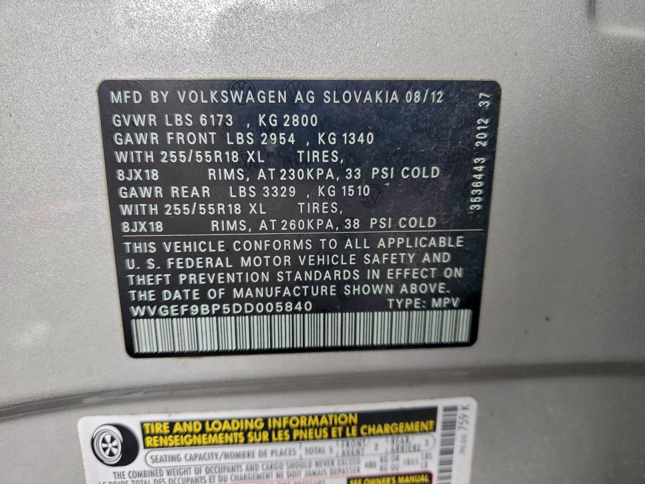 2013 Volkswagen Touareg V6 VIN: WVGEF9BP5DD005840 Lot: 94148955