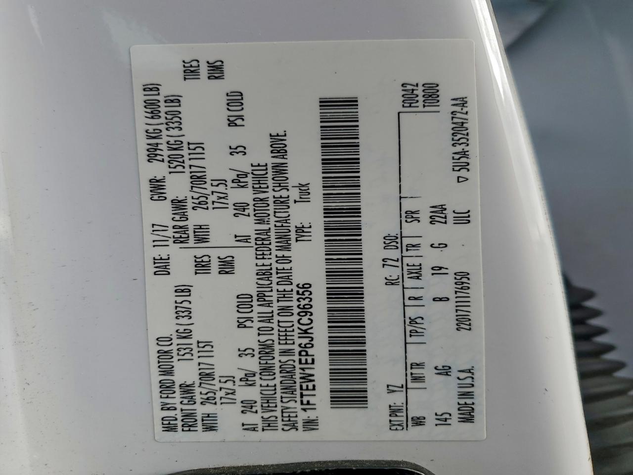 2018 Ford F150 Supercrew VIN: 1FTEW1EP6JKC96356 Lot: 94154955