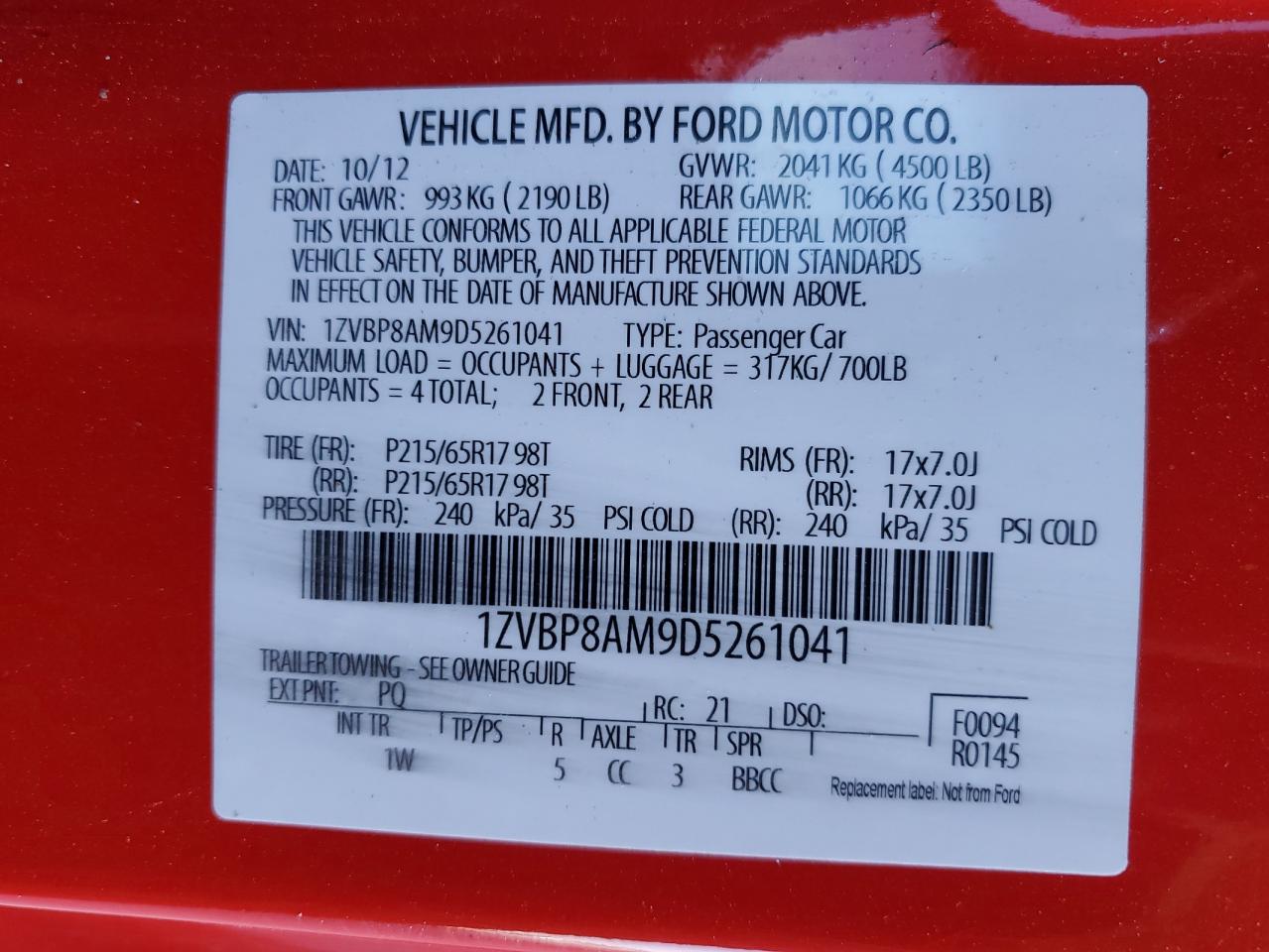 2013 Ford Mustang VIN: 1ZVBP8AM9D5261041 Lot: 92170045