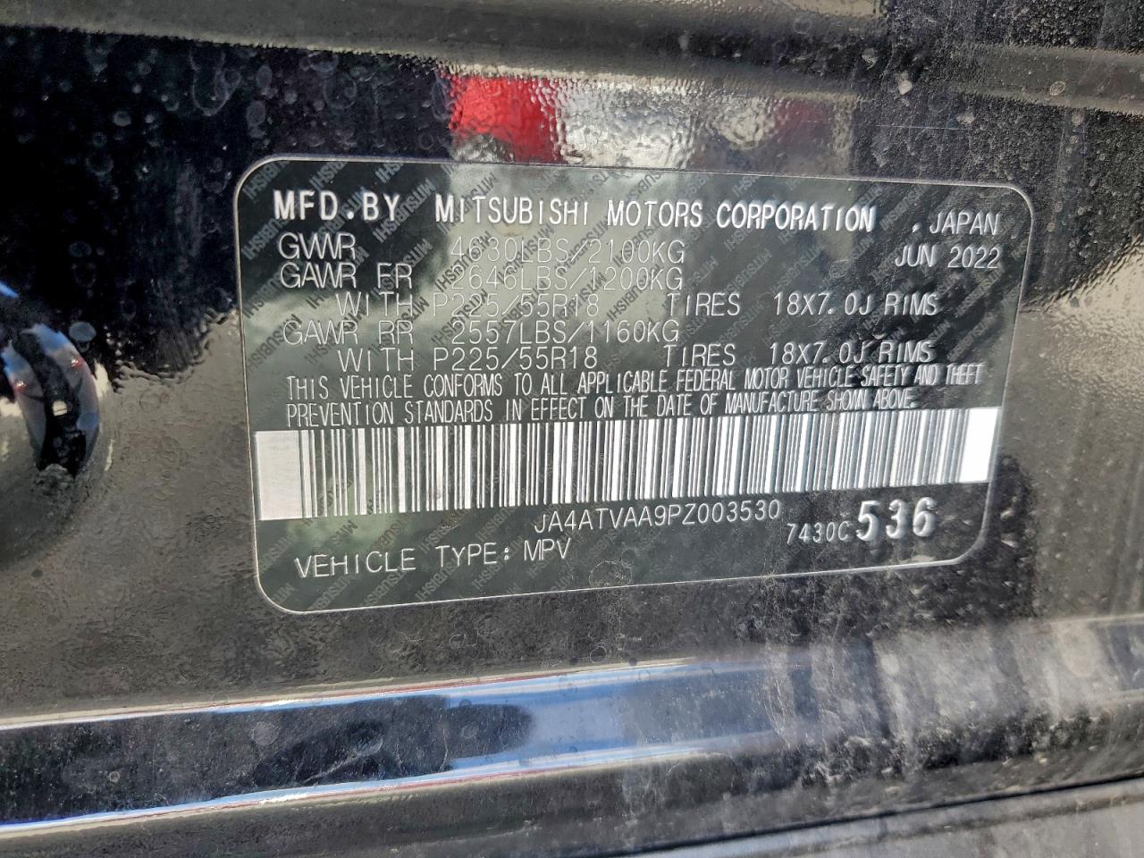 2023 Mitsubishi Eclipse Cross Le VIN: JA4ATVAA9PZ003530 Lot: 92828235