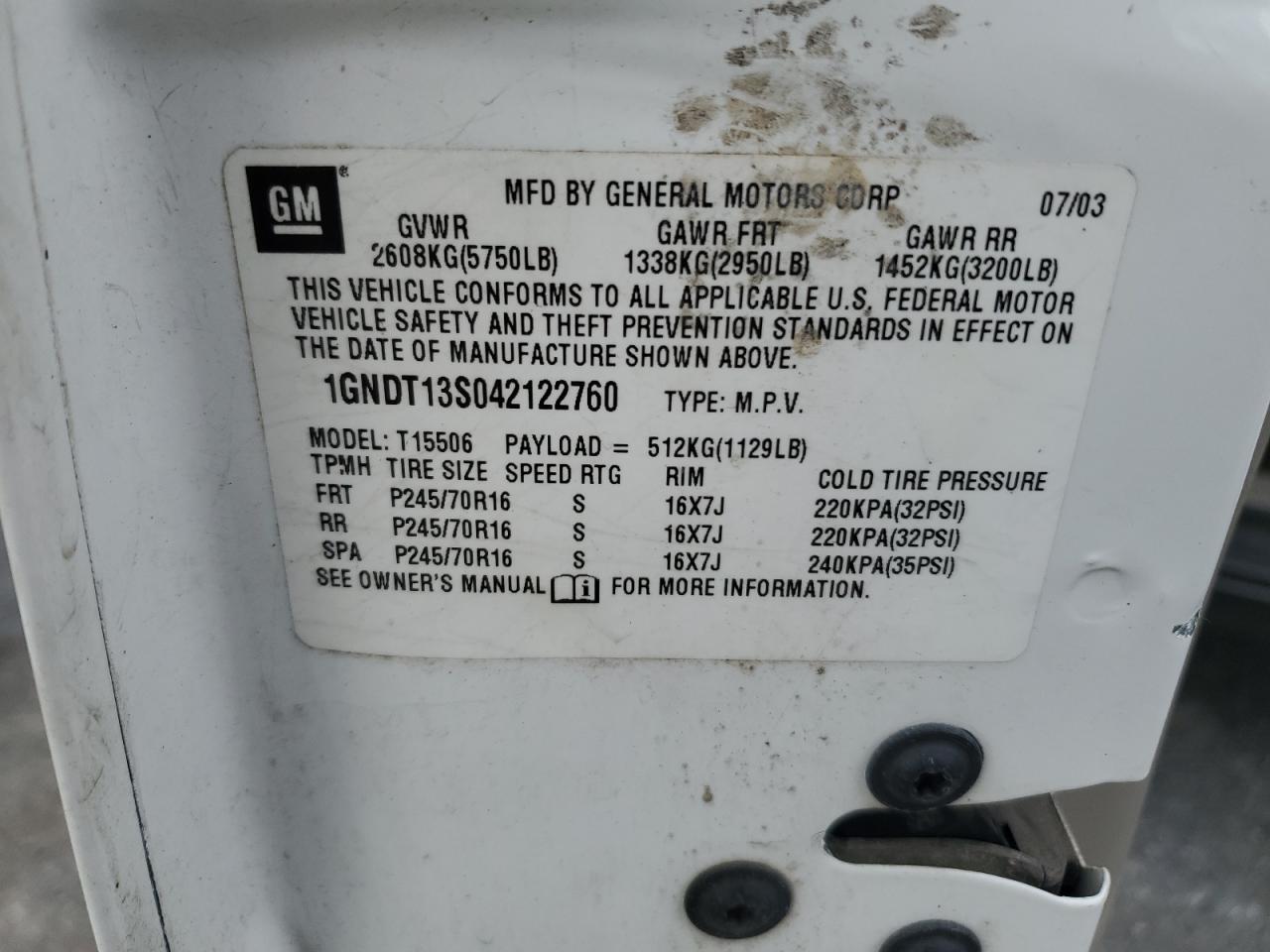 2004 Chevrolet Trailblazer Ls VIN: 1GNDT13S042122760 Lot: 92542595