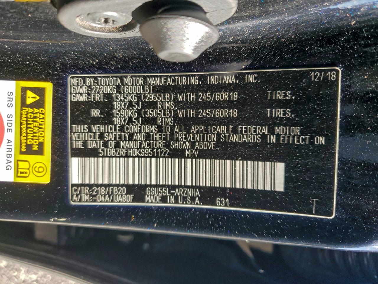 2019 Toyota Highlander Le VIN: 5TDBZRFH0KS951122 Lot: 92858645