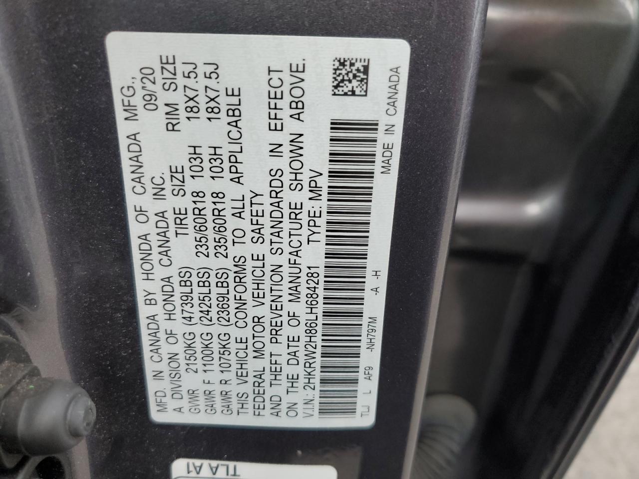 2020 Honda Cr-V Exl VIN: 2HKRW2H86LH684281 Lot: 93213995