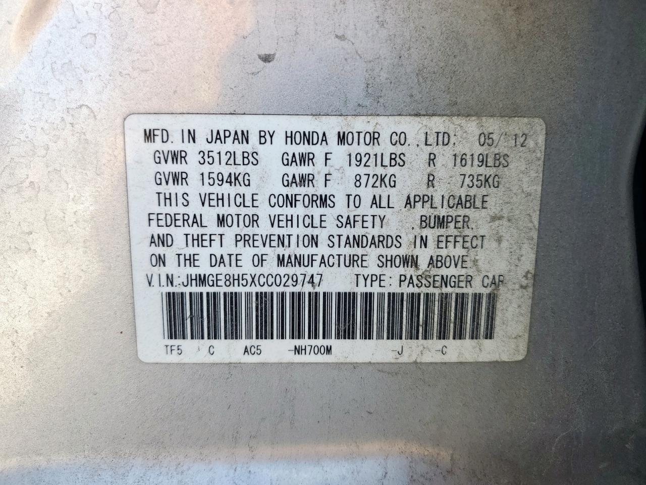 2012 Honda Fit Sport VIN: JHMGE8H5XCC029747 Lot: 91385905