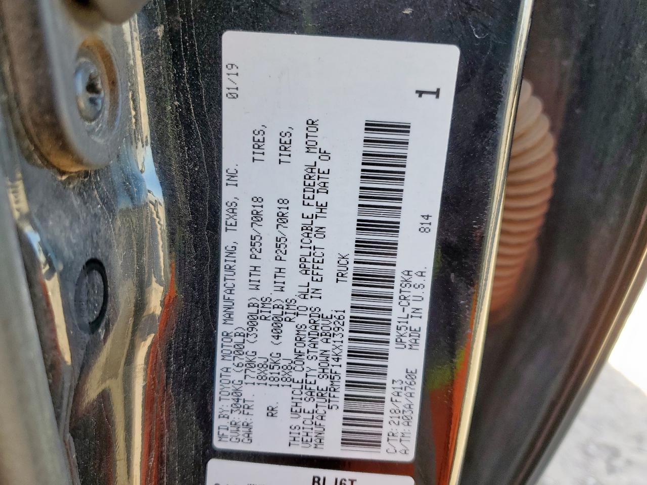 2019 Toyota Tundra Double Cab Sr VIN: 5TFRM5F14KX139261 Lot: 91092705