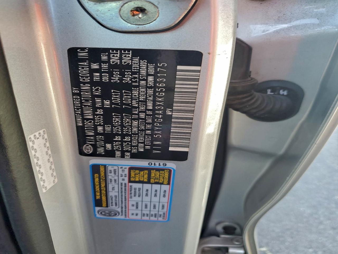 2019 Kia Sorento L VIN: 5XYPG4A3XKG563175 Lot: 94709025