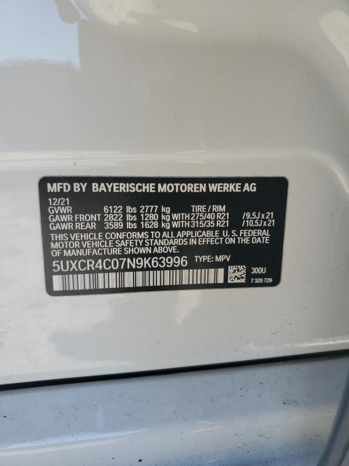 2022 BMW X5 Sdrive 40I VIN: 5UXCR4C07N9K63996 Lot: 91943855