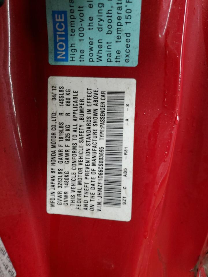 2012 Honda Cr-Z Ex VIN: JHMZF1D66CS003695 Lot: 92005615