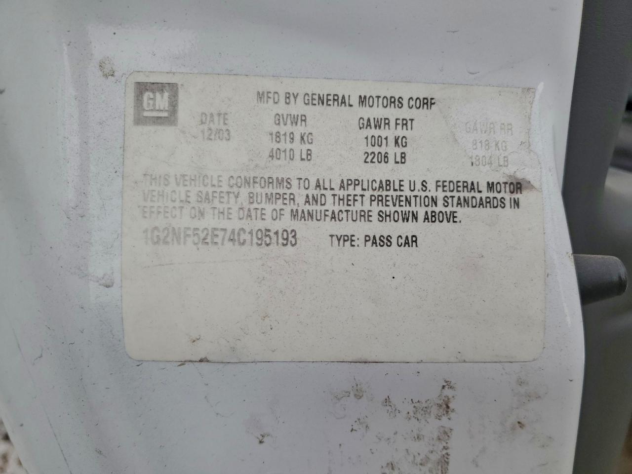 2004 Pontiac Grand Am Se1 VIN: 1G2NF52E74C195193 Lot: 93442755