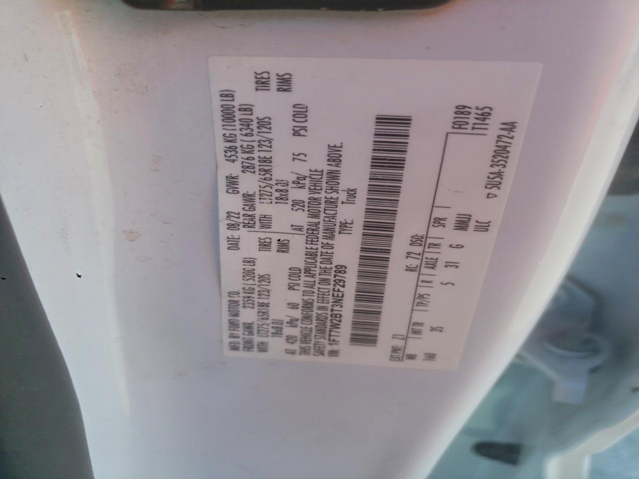 2022 Ford F250 Super Duty VIN: 1FT7W2BT3NEF29789 Lot: 93939945