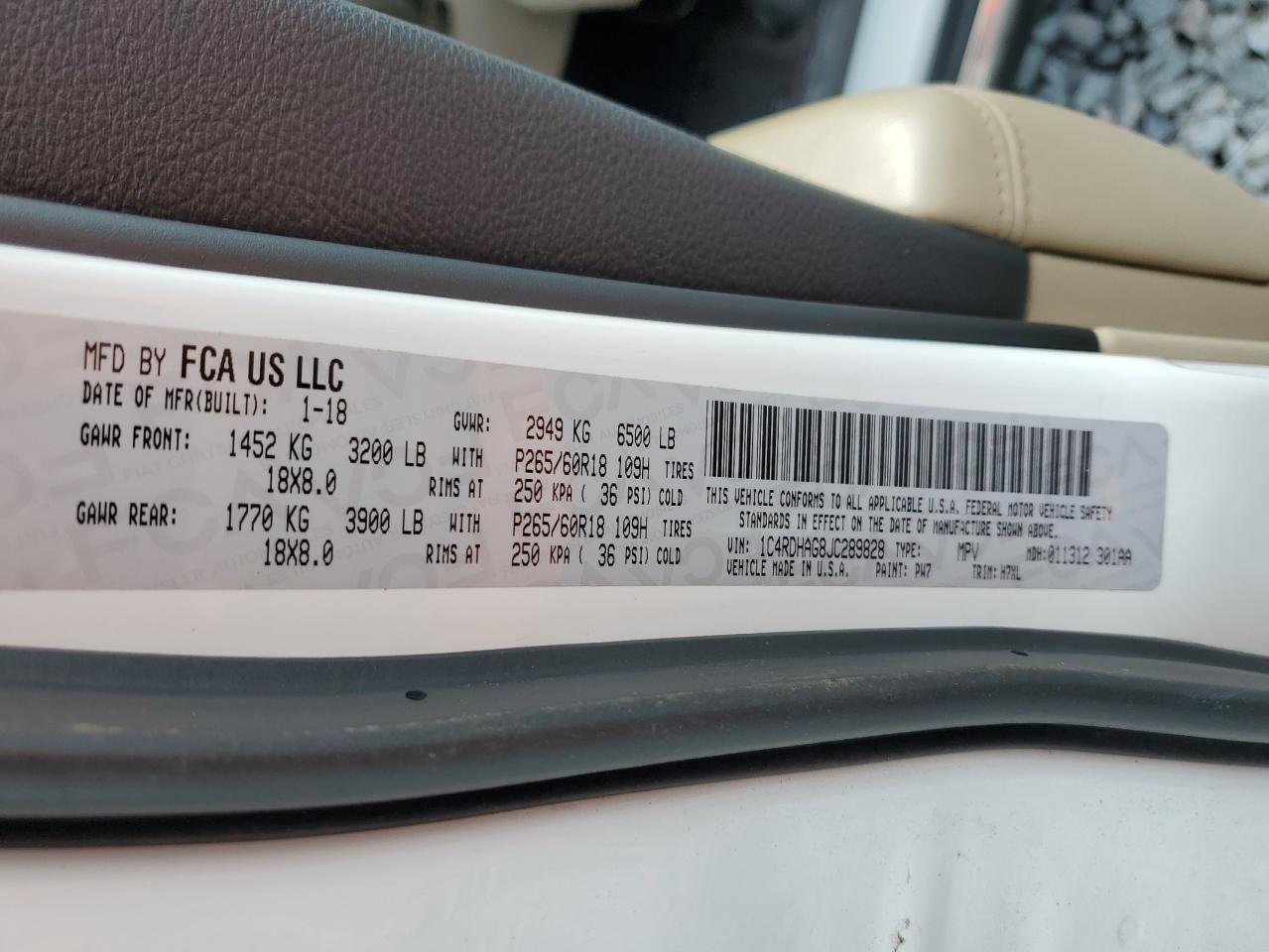 2018 Dodge Durango Sxt VIN: 1C4RDHAG8JC289828 Lot: 92342475