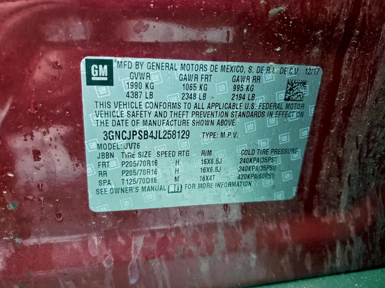 2018 Chevrolet Trax 1Lt VIN: 3GNCJPSB4JL258129 Lot: 94127275