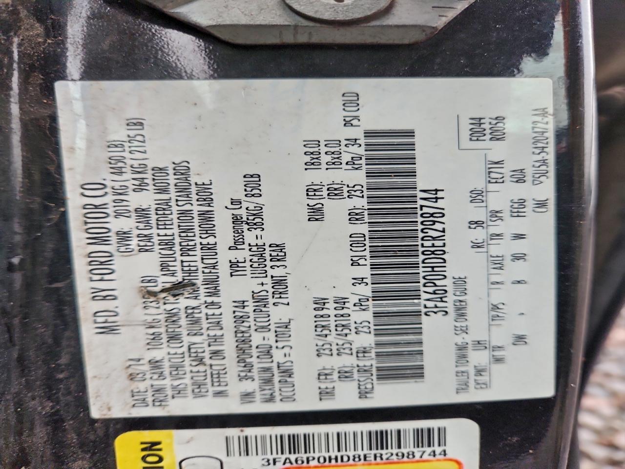 2014 Ford Fusion Se VIN: 3FA6P0HD8ER298744 Lot: 94243275