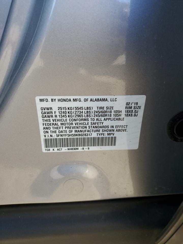 2019 Honda Pilot Exl VIN: 5FNYF5H59KB028317 Lot: 92284415