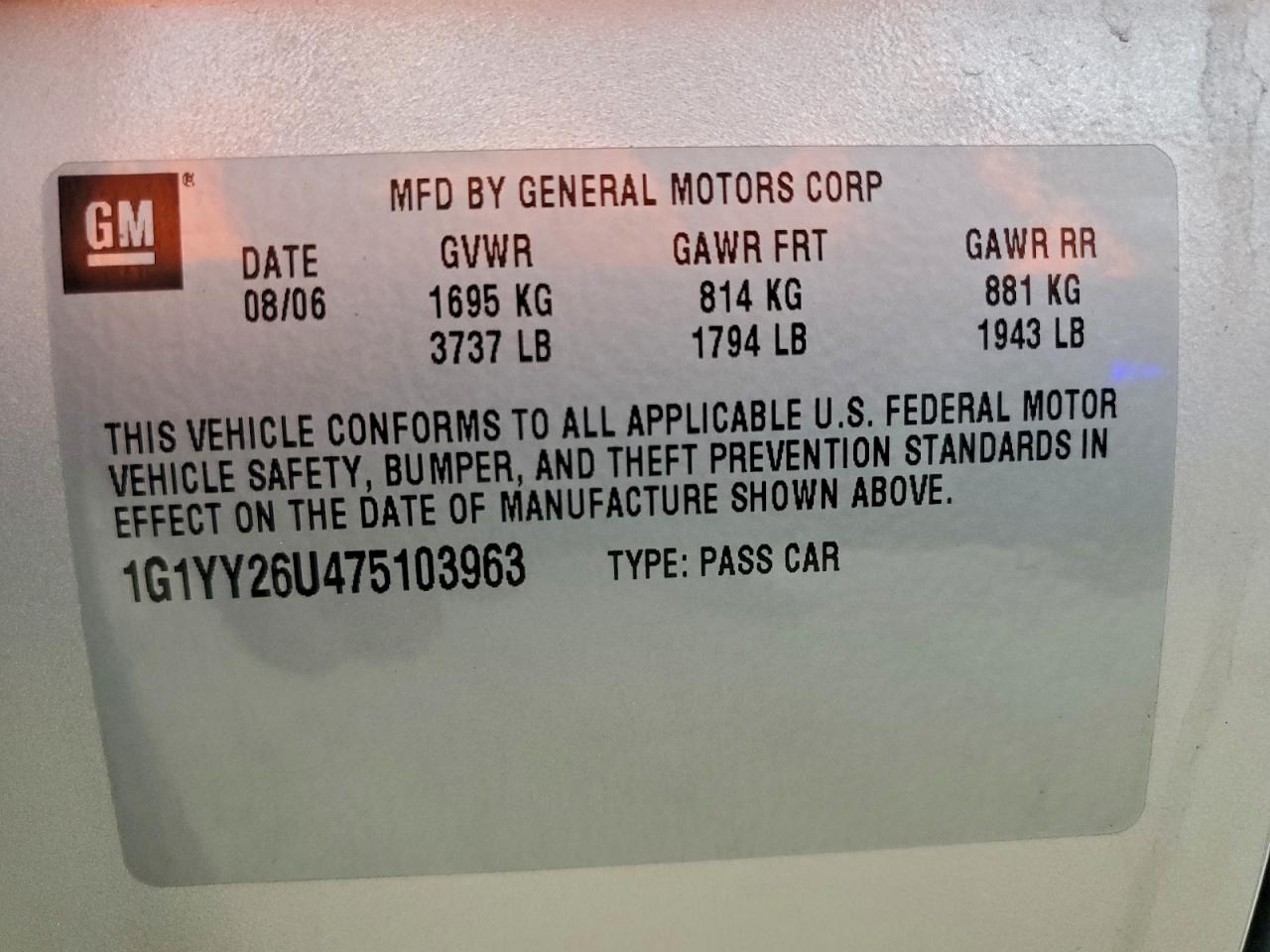 2007 Chevrolet Corvette VIN: 1G1YY26U475103963 Lot: 93563395