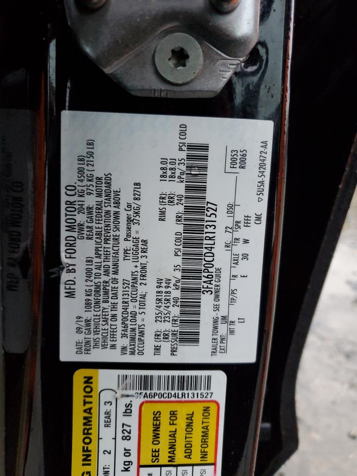 2020 Ford Fusion Sel VIN: 3FA6P0CD4LR131527 Lot: 92422235