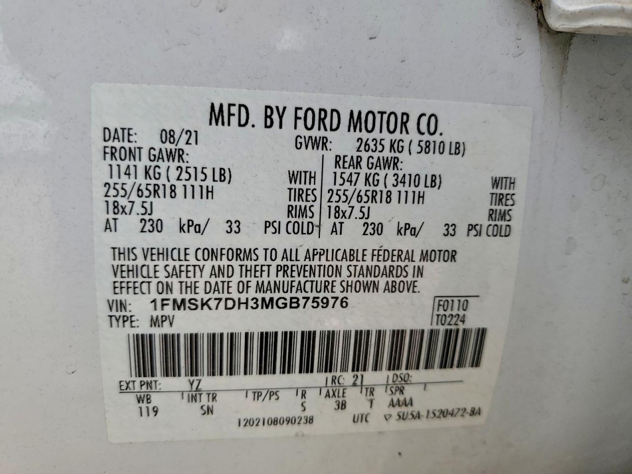 2021 Ford Explorer Xlt VIN: 1FMSK7DH3MGB75976 Lot: 93389165