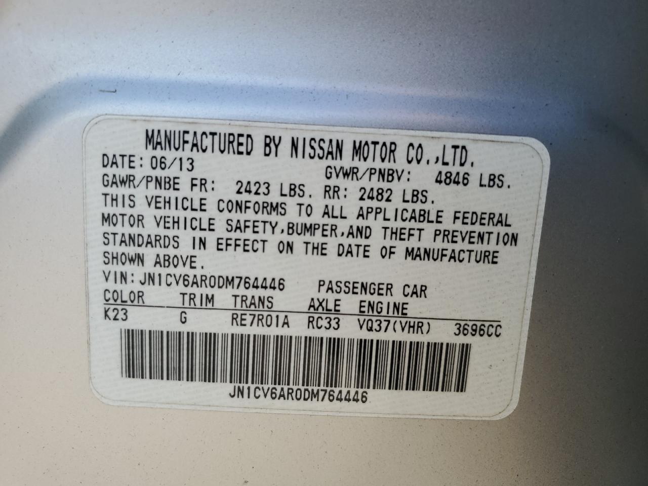 2013 Infiniti G37 VIN: JN1CV6AR0DM764446 Lot: 91497045