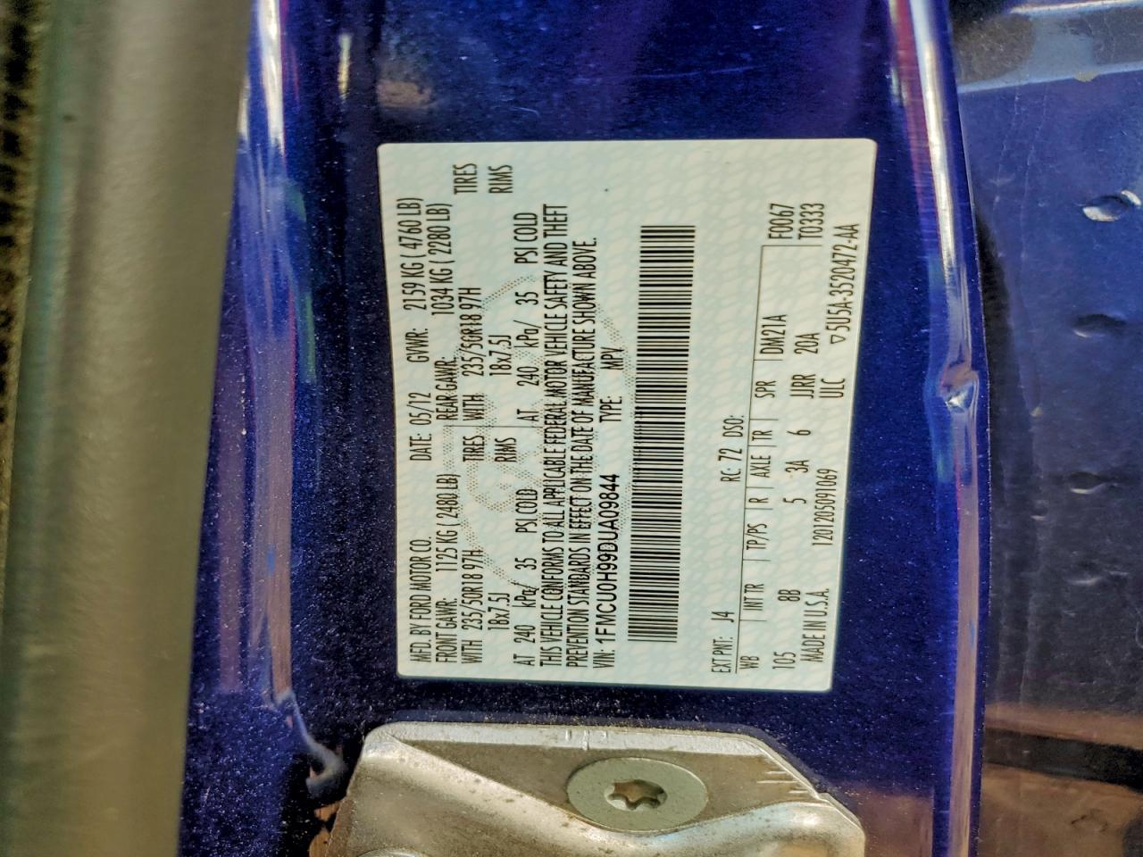 2013 Ford Escape Sel VIN: 1FMCU0H99DUA09844 Lot: 93842315