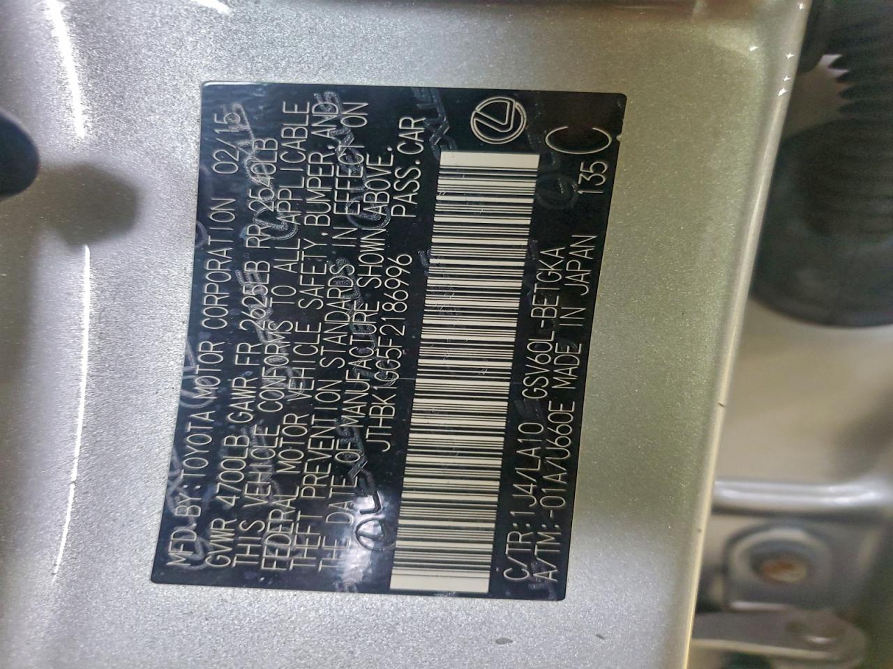 2015 Lexus Es 350 VIN: JTHBK1GG5F2186996 Lot: 94379735