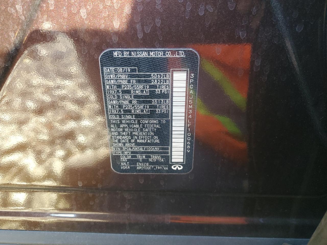 2020 Infiniti Qx50 Pure VIN: 3PCAJ5M34LF100689 Lot: 91132145