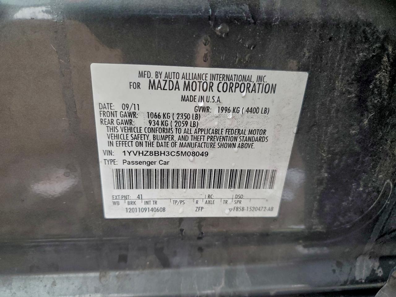 2012 Mazda 6 I VIN: 1YVHZ8BH3C5M08049 Lot: 94604145