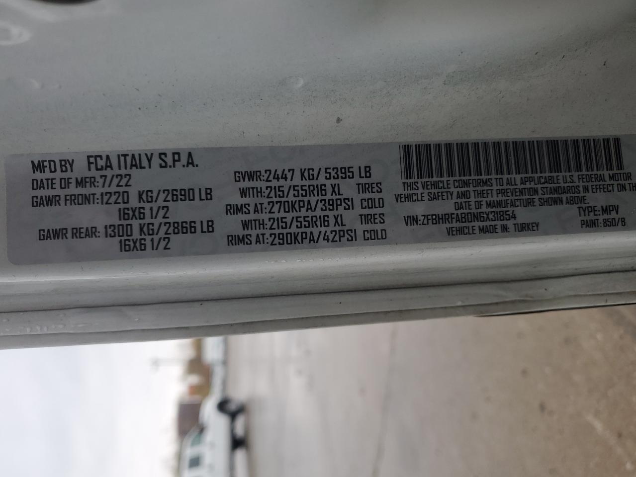 2022 Ram Promaster Utility / Service Van VIN: ZFBHRFAB0N6X31854 Lot: 91028885