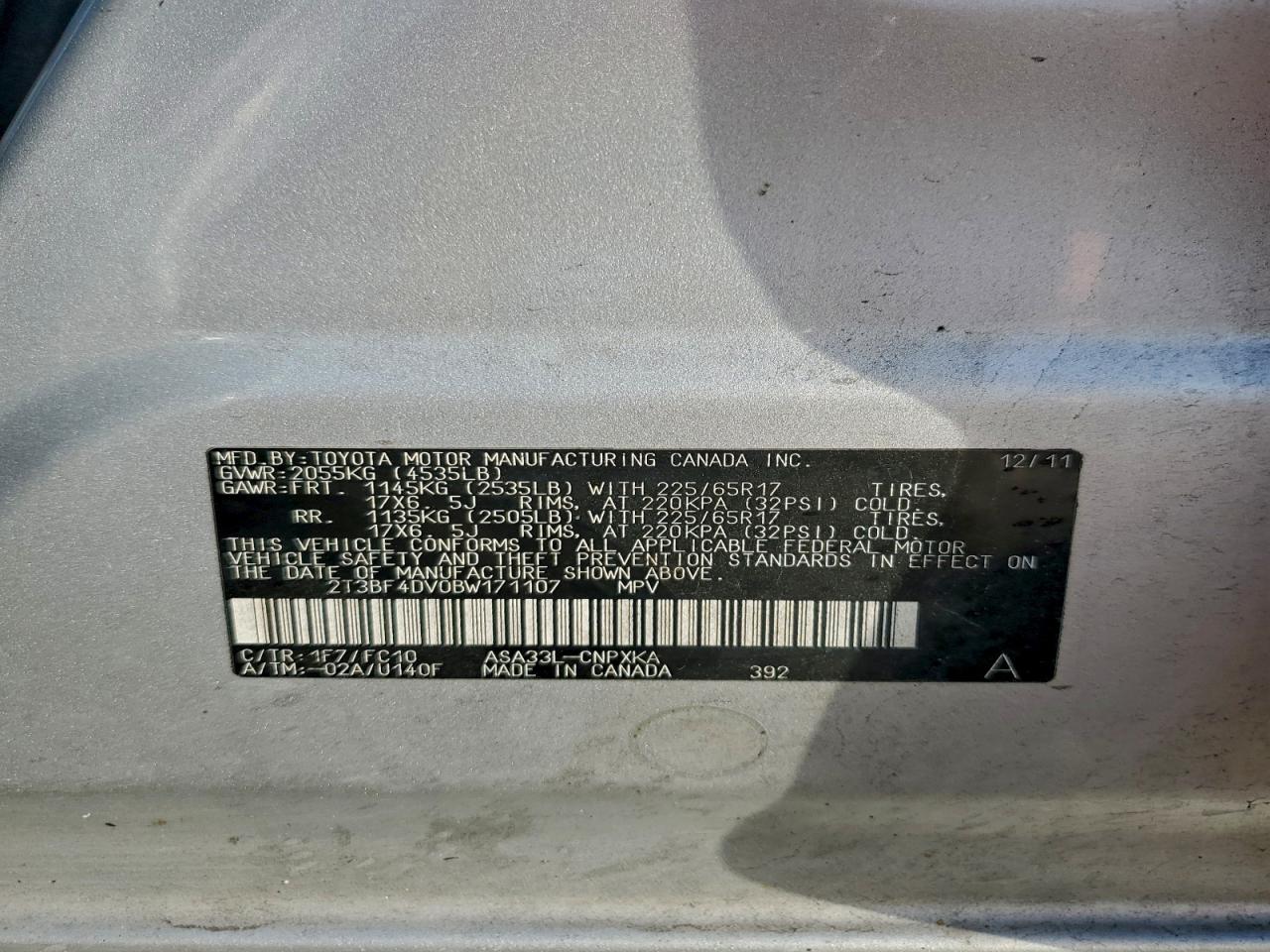 2011 Toyota Rav4 VIN: 2T3BF4DV0BW171107 Lot: 94356625