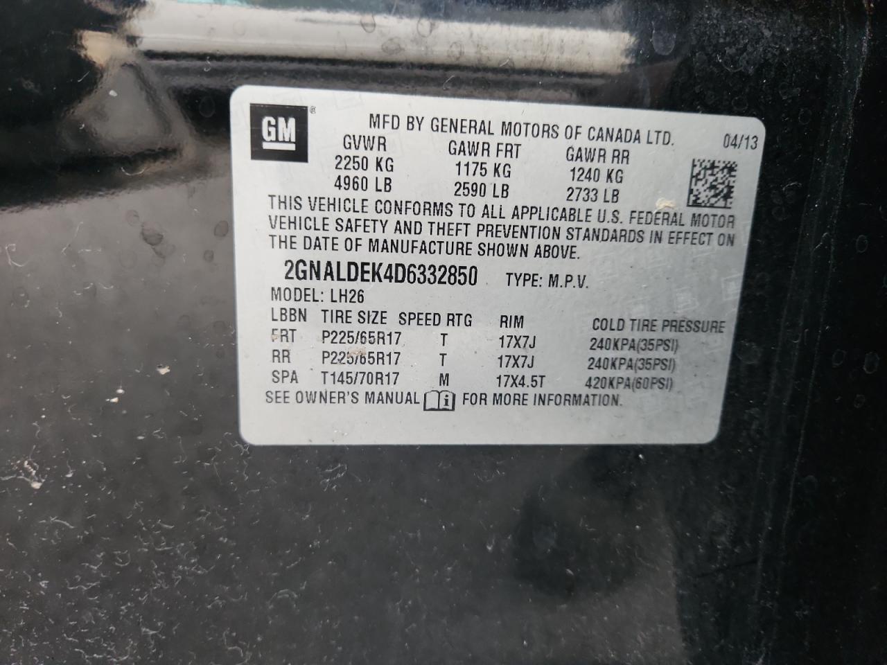 2013 Chevrolet Equinox Lt VIN: 2GNALDEK4D6332850 Lot: 93513095