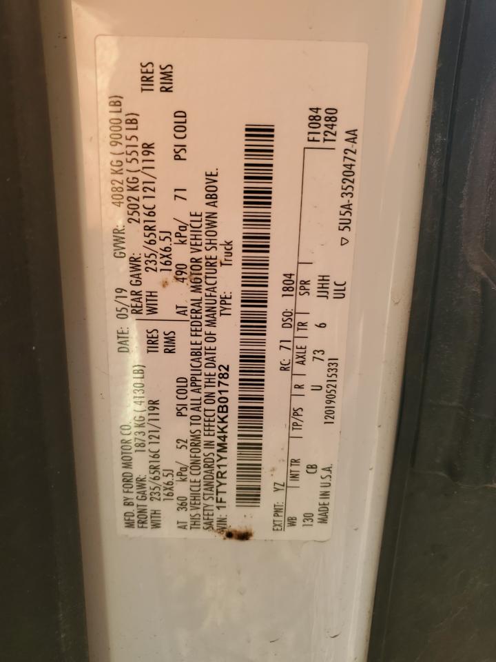 2019 Ford Transit T-250 VIN: 1FTYR1YM4KKB01782 Lot: 90638265