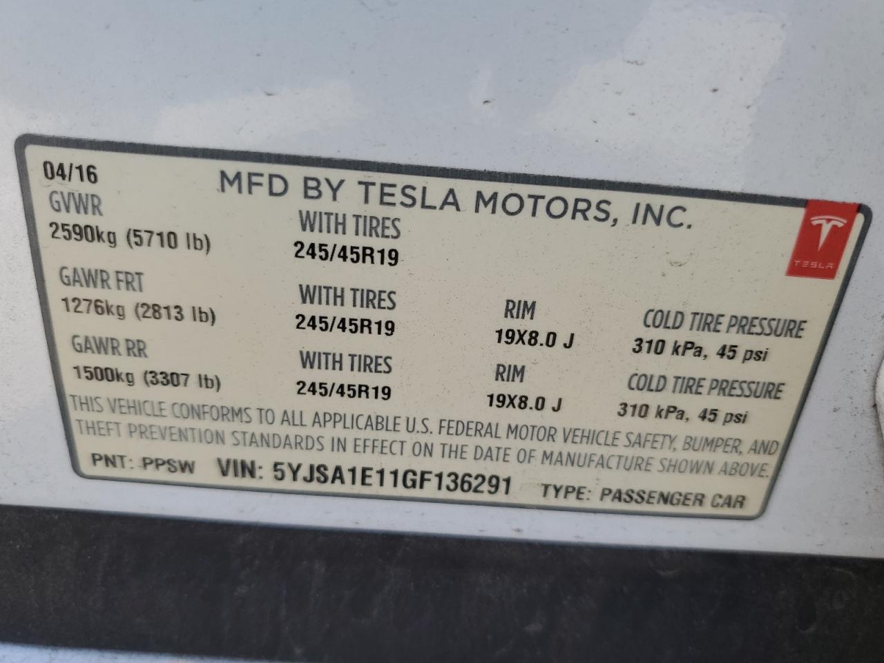 2016 Tesla Model S VIN: 5YJSA1E11GF136291 Lot: 91719725