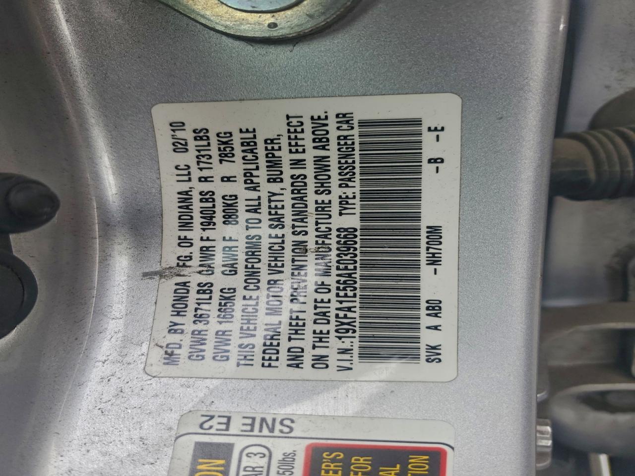 2010 Honda Civic Lx VIN: 19XFA1E56AE039668 Lot: 94480615