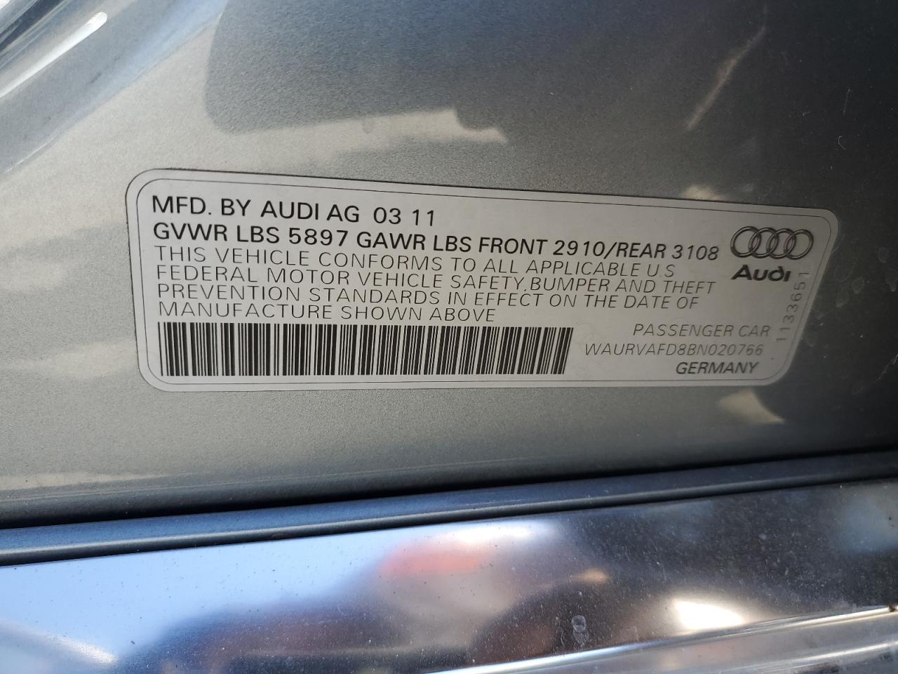 2011 Audi A8 L Quattro VIN: WAURVAFD8BN020766 Lot: 92821585