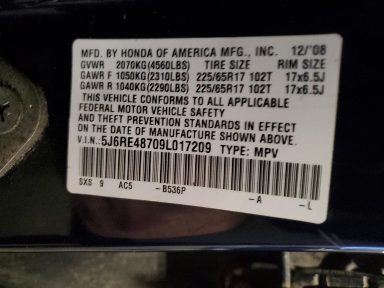 2009 Honda Cr-V Exl VIN: 5J6RE48709L017209 Lot: 92516575