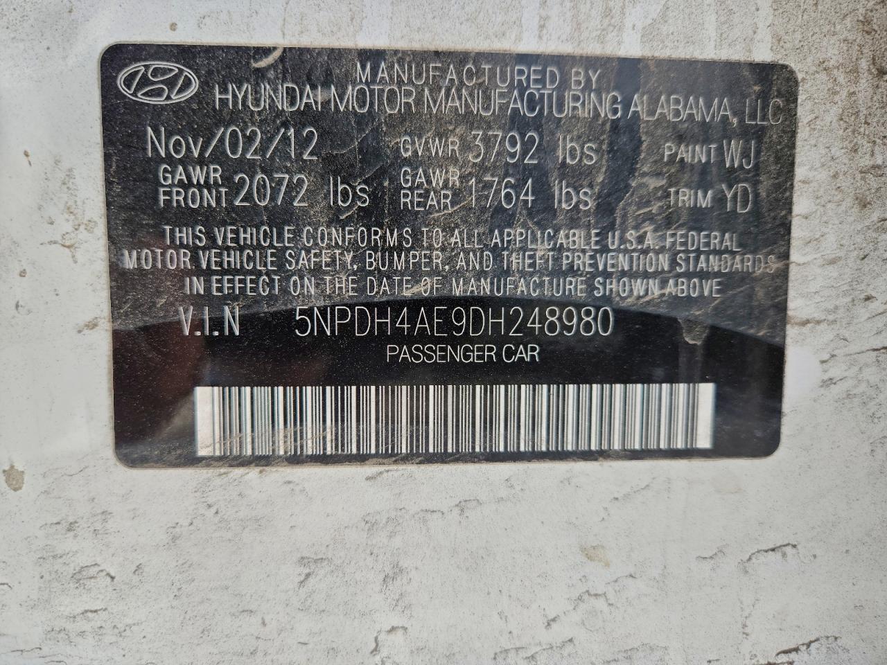 2013 Hyundai Elantra Gls VIN: 5NPDH4AE9DH248980 Lot: 94301145