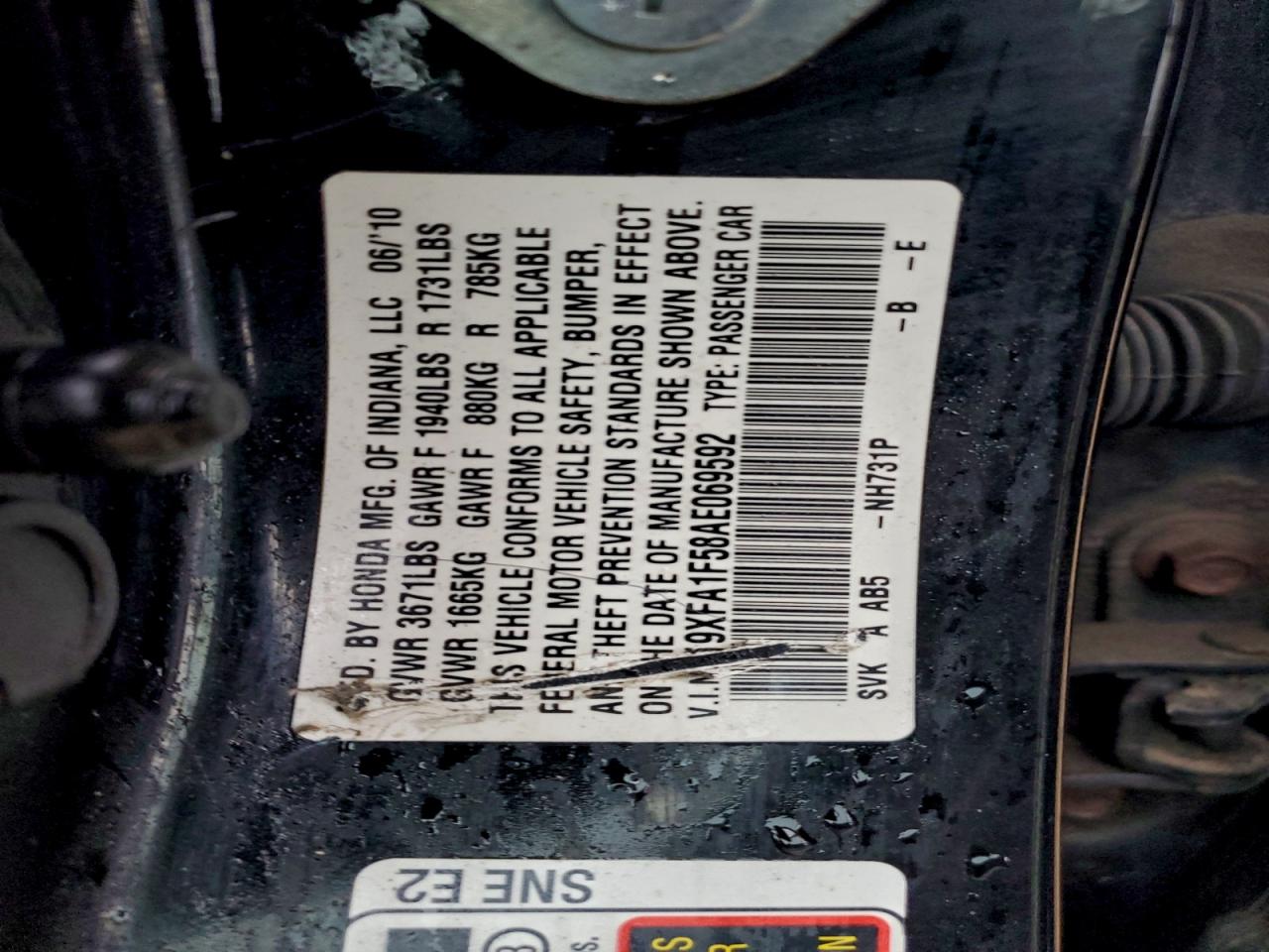 2010 Honda Civic Lx VIN: 19XFA1F58AE069592 Lot: 91006675