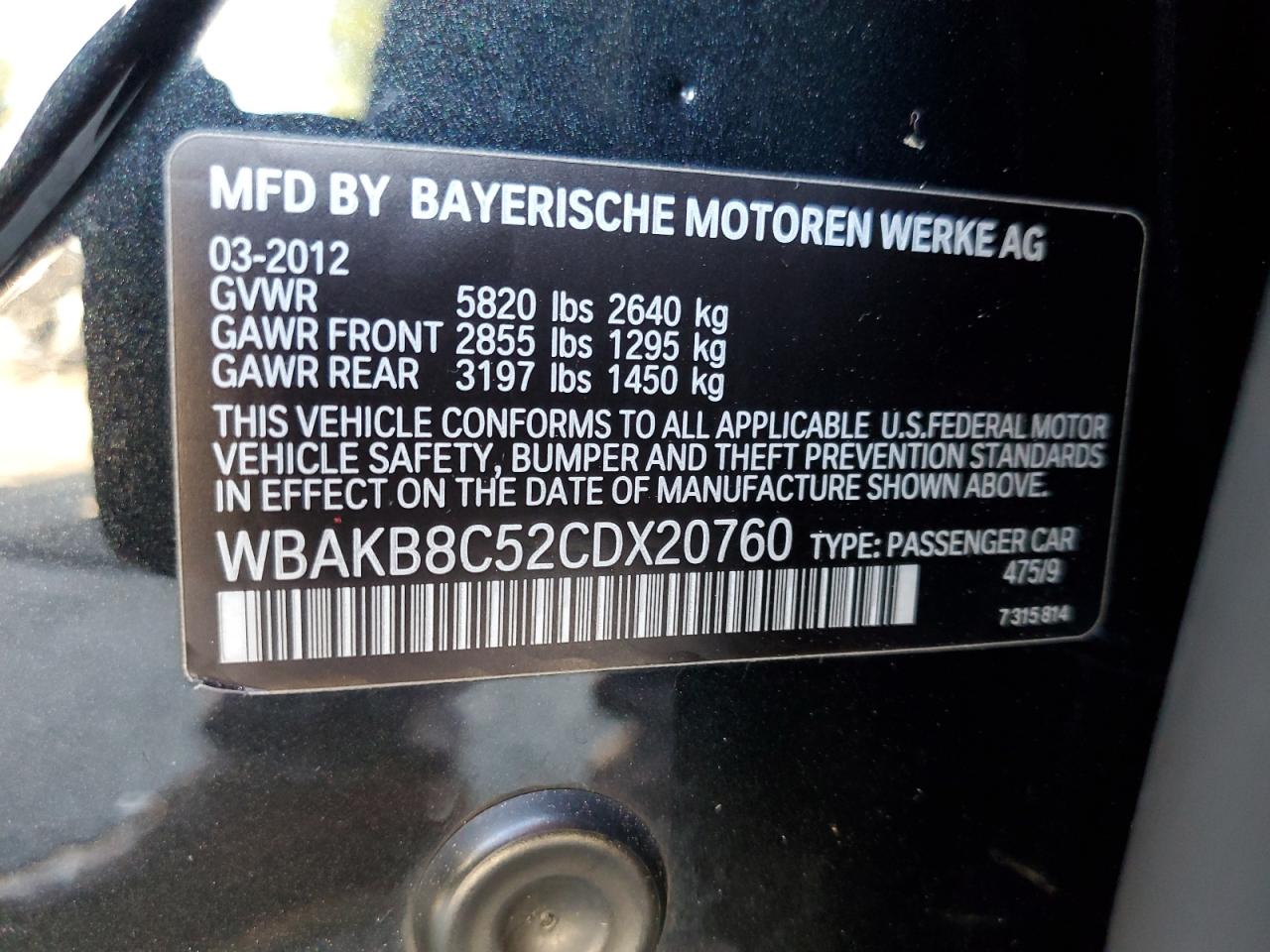 2012 BMW 750 Li VIN: WBAKB8C52CDX20760 Lot: 91109405
