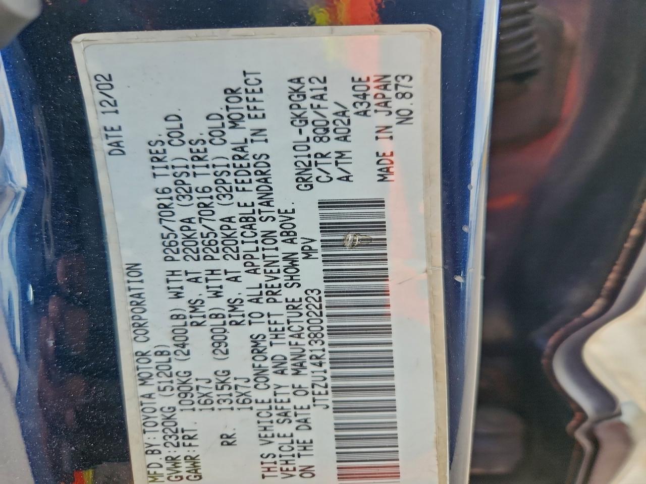 2003 Toyota 4Runner Sr5 VIN: JTEZU14R138002223 Lot: 94601315