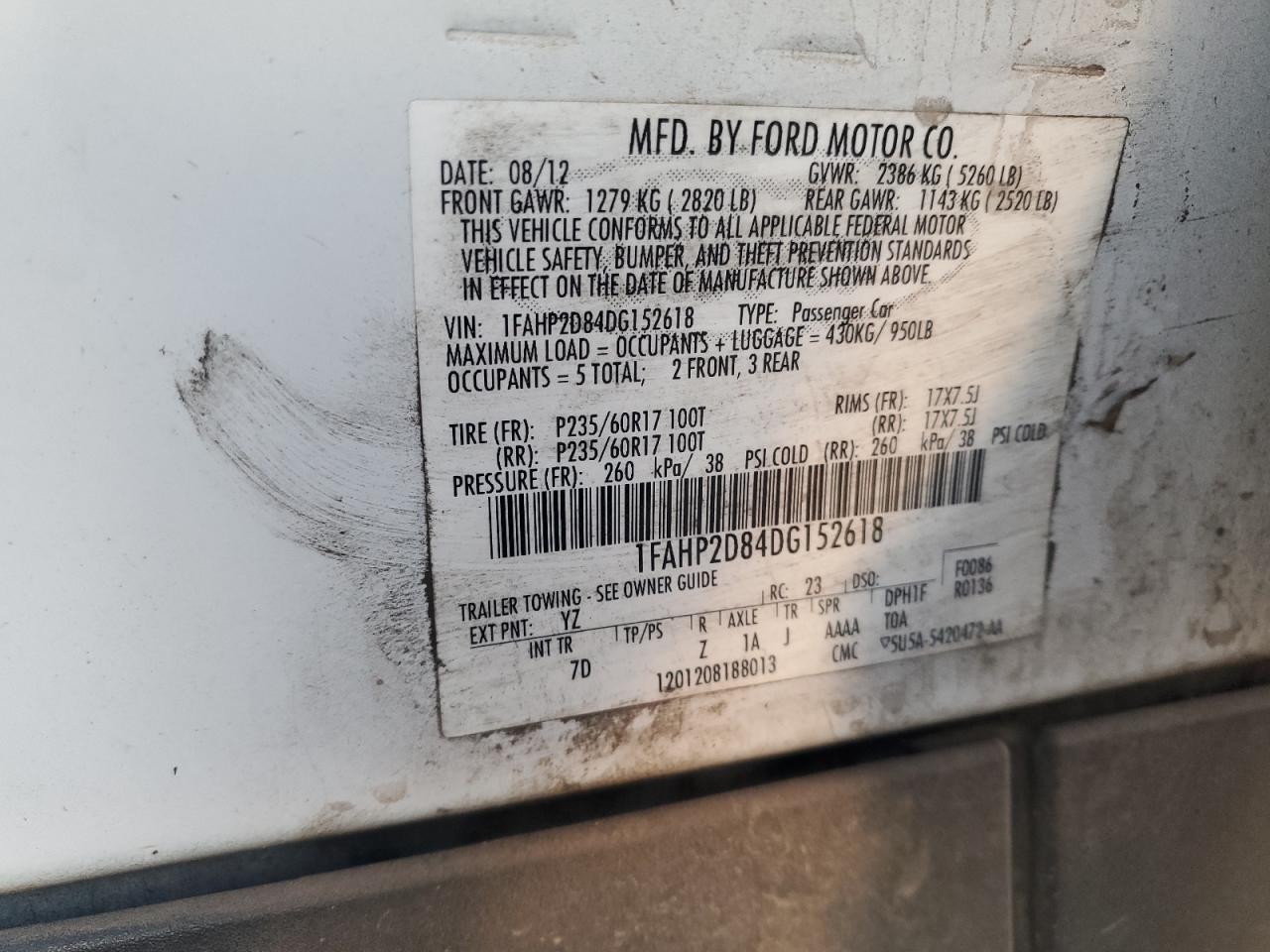 2013 Ford Taurus Se VIN: 1FAHP2D84DG152618 Lot: 93009355