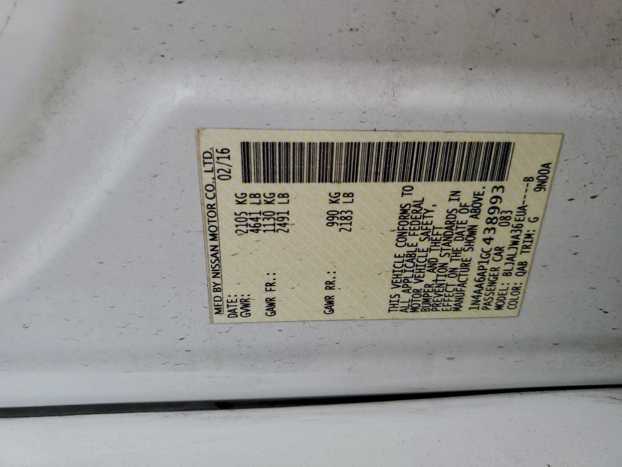 2016 Nissan Maxima 3.5S VIN: 1N4AA6AP1GC438993 Lot: 94181585