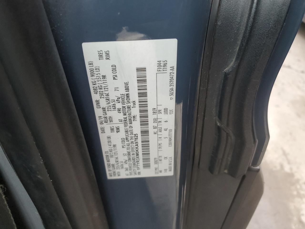 2019 Ford Transit T-250 VIN: 1FTYR3XM0KKA97825 Lot: 90902415