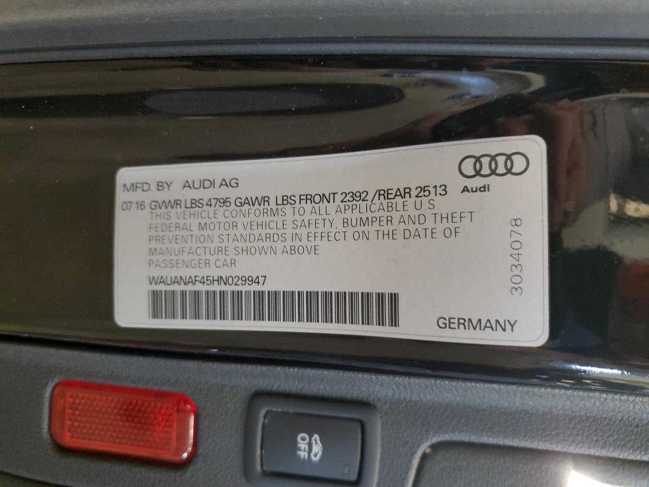 2017 Audi A4 Premium VIN: WAUANAF45HN029947 Lot: 92217865