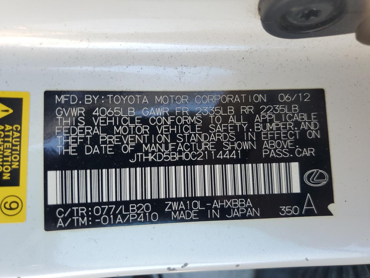 2012 Lexus Ct 200 VIN: JTHKD5BH0C2114441 Lot: 91128865