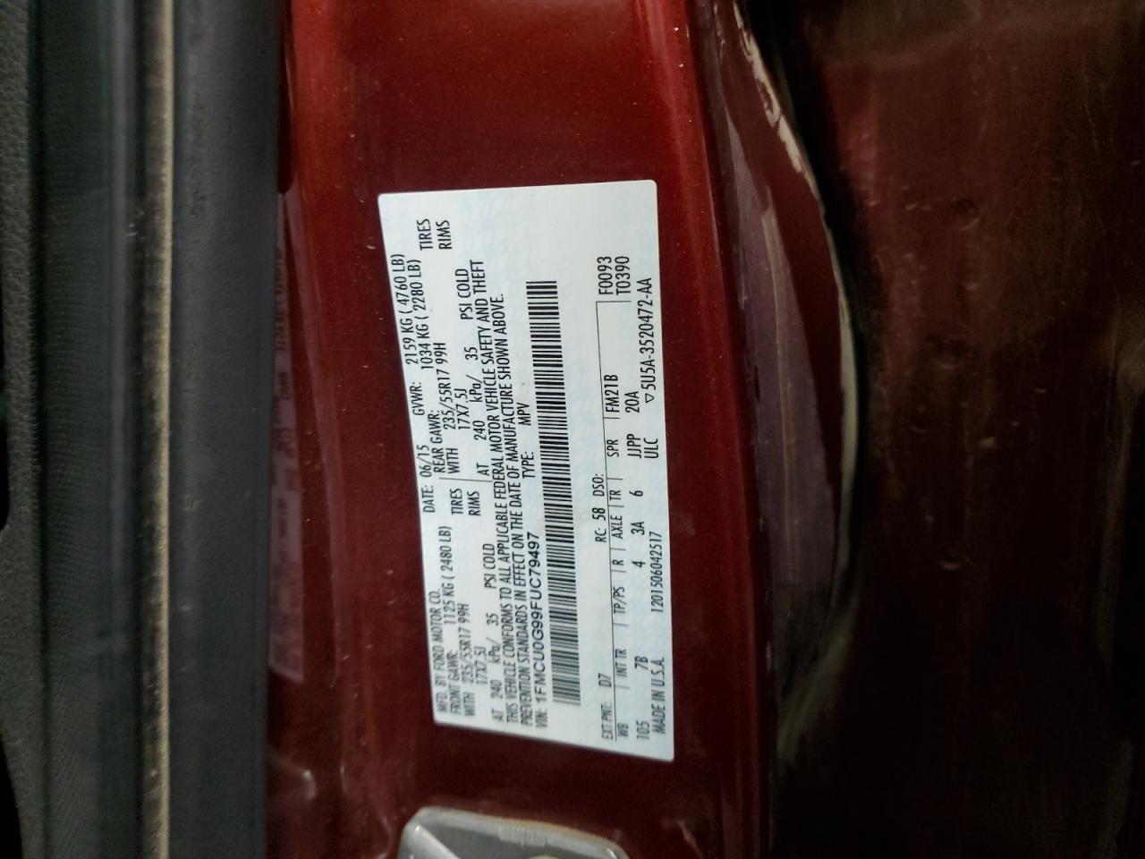 2015 Ford Escape Se VIN: 1FMCU0G99FUC79497 Lot: 92042735