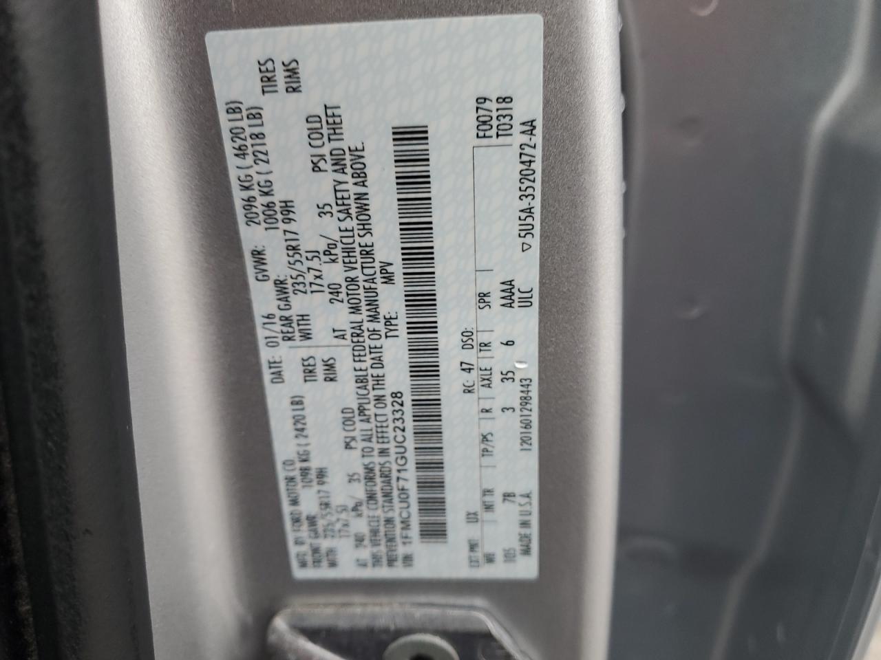 2016 Ford Escape S VIN: 1FMCU0F71GUC23328 Lot: 93341685