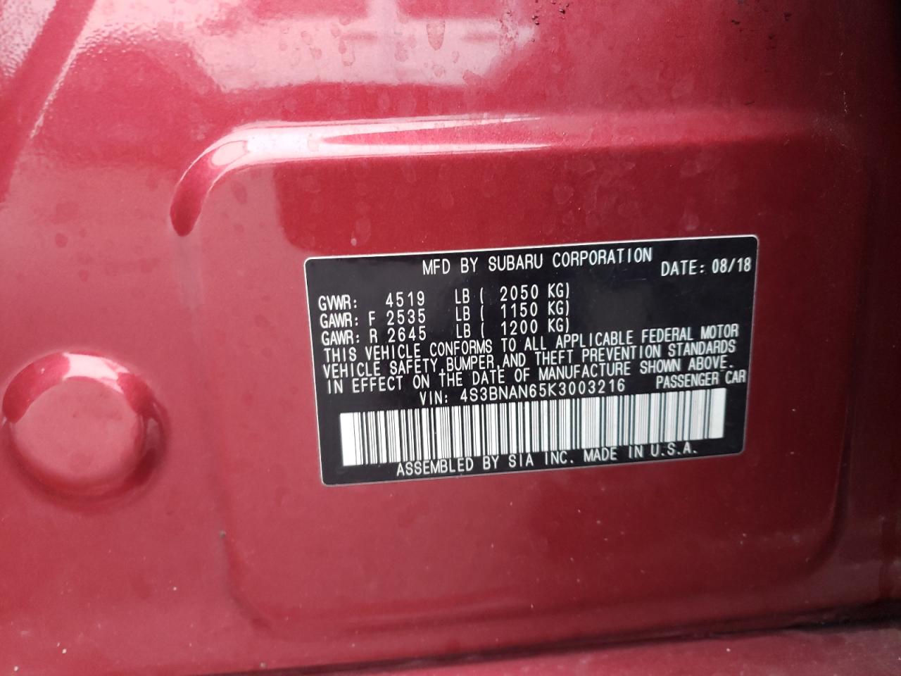 2019 Subaru Legacy 2.5I Limited VIN: 4S3BNAN65K3003216 Lot: 92447145