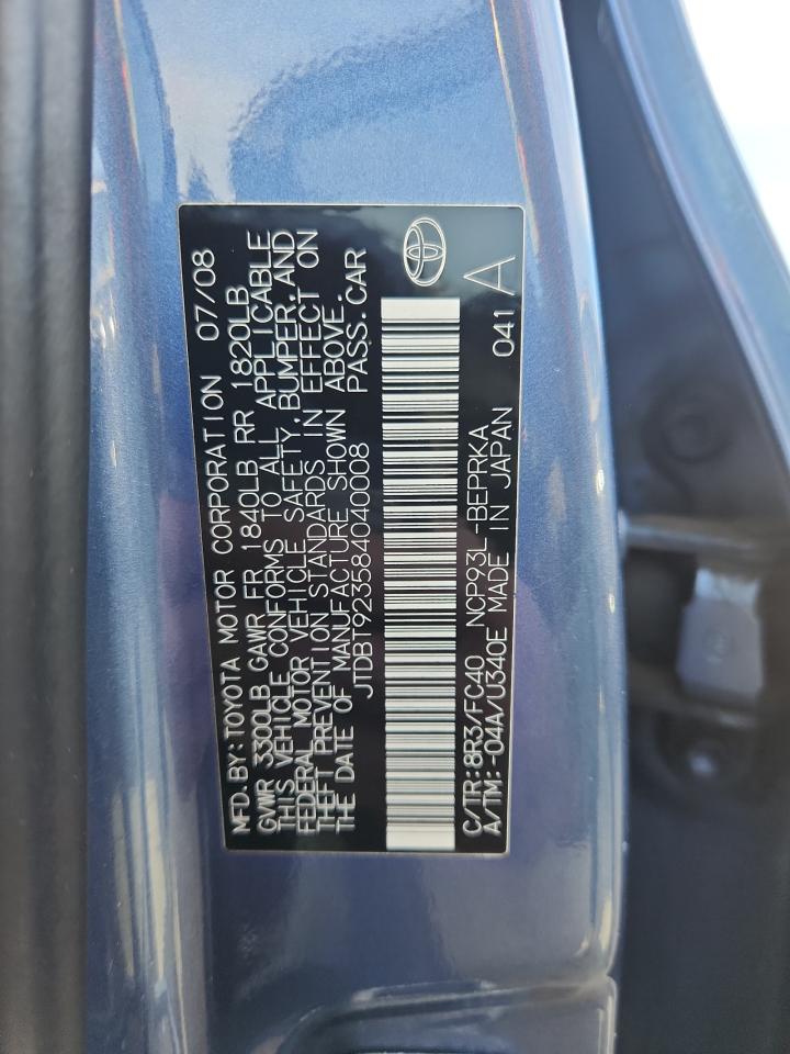 2008 Toyota Yaris VIN: JTDBT923584040008 Lot: 92710105