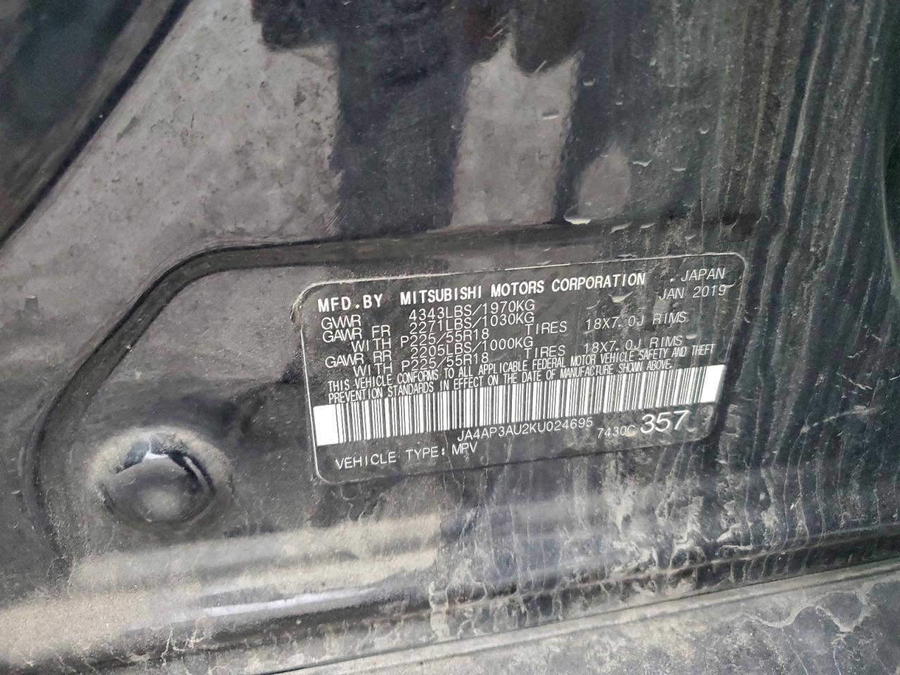 2019 Mitsubishi Outlander Sport Es VIN: JA4AP3AU2KU024695 Lot: 93961505