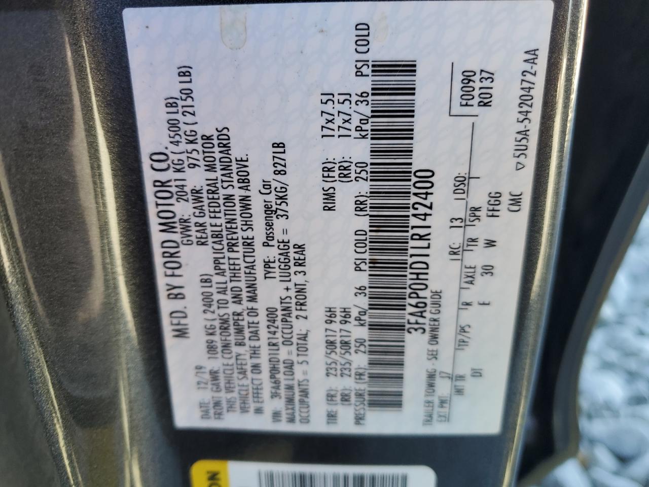 2020 Ford Fusion Se VIN: 3FA6P0HD1LR142400 Lot: 92937405