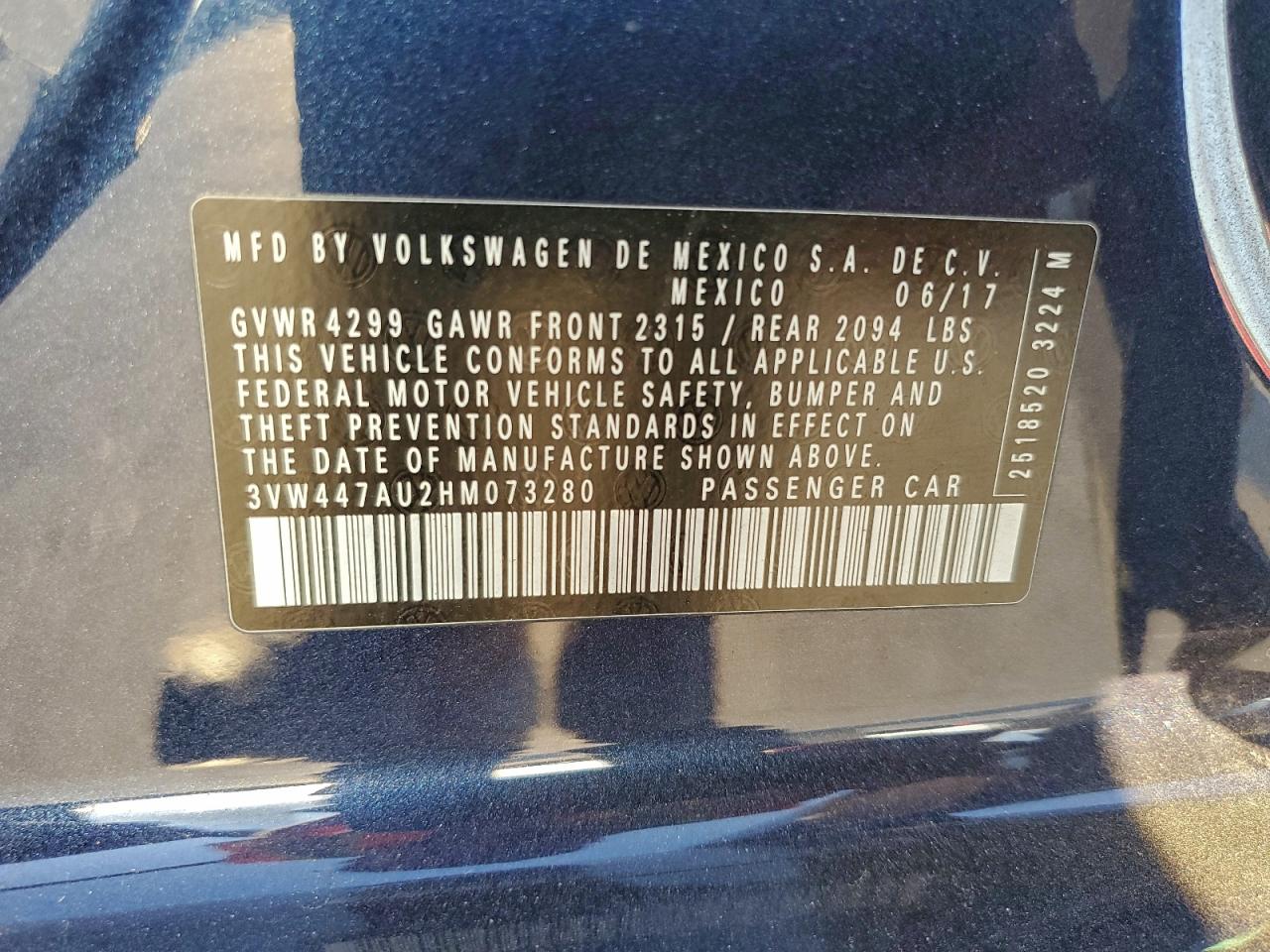 2017 Volkswagen Gti S/Se VIN: 3VW447AU2HM073280 Lot: 92707735